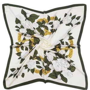 Silk like White Roses Print Head Scarf 35" Square Silk Hair Wrap